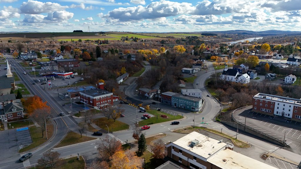 A shot of downtown Caribou, Maine, looking southeast toward the Aroostook River. 