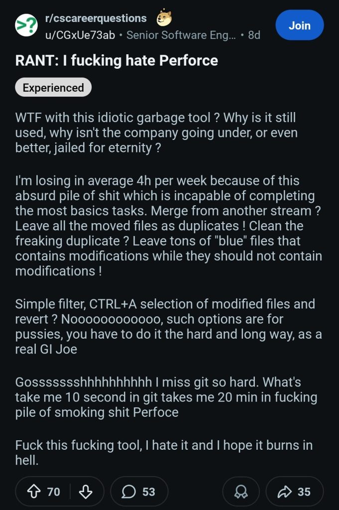 A screening clipping of a Reddit post featuring a rant about Perforce (not a positive one).