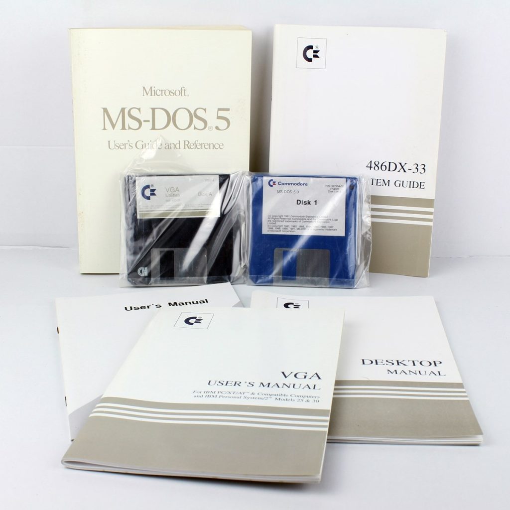 A photo of the MS-DOS 5 installation disks and manuals.