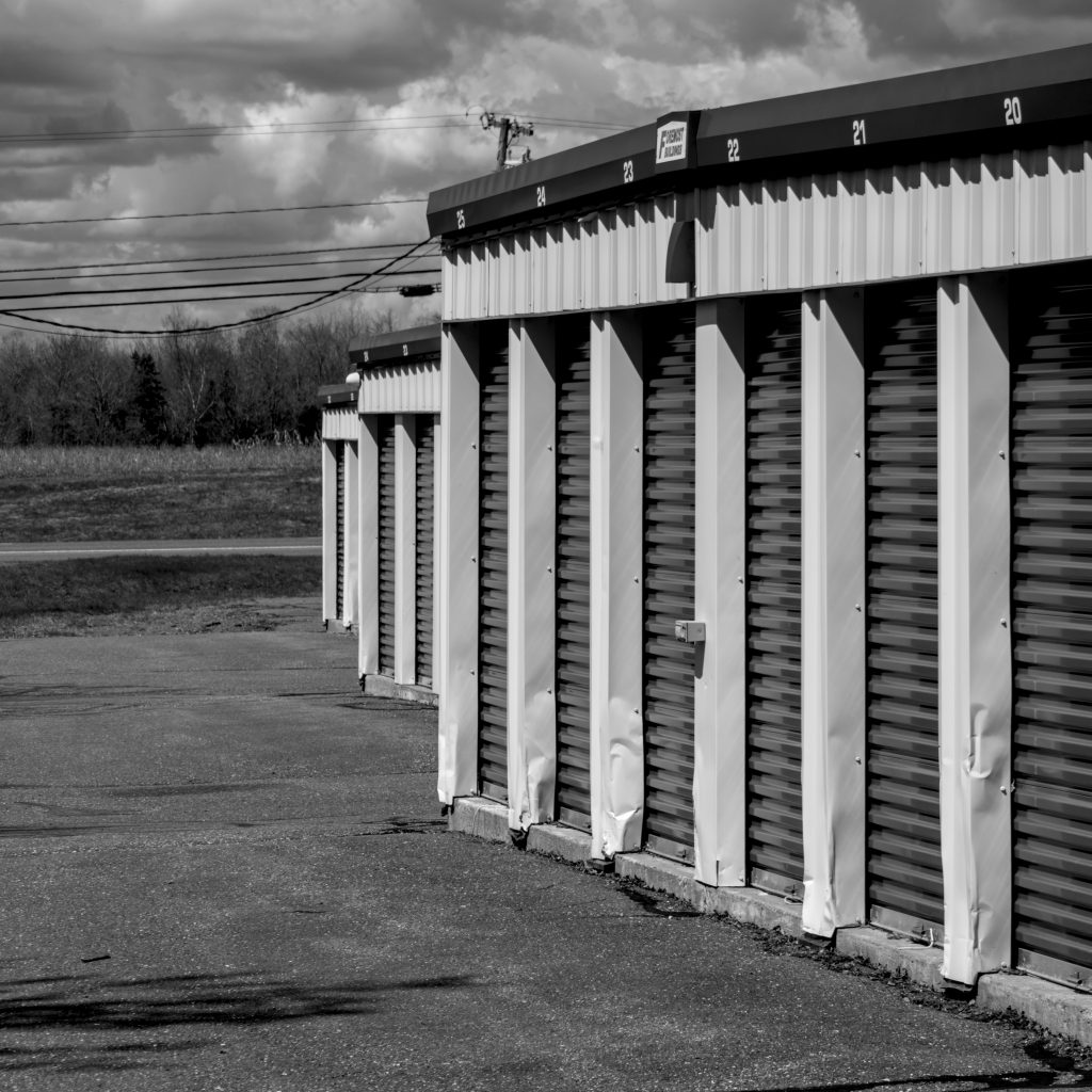 An angle showing multiple self-storage buildings.