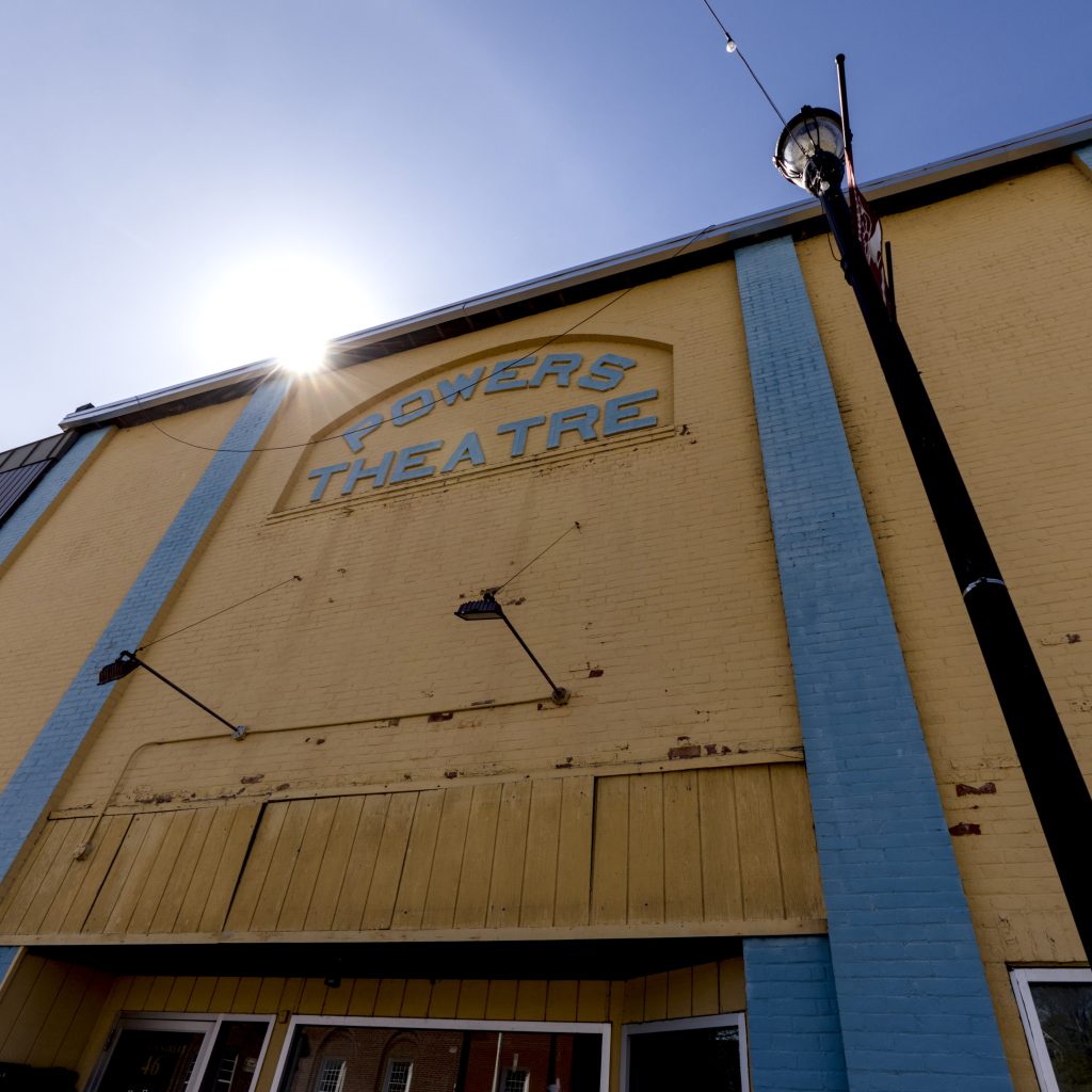 A photo of the Powers Theatre building in downtown Caribou.