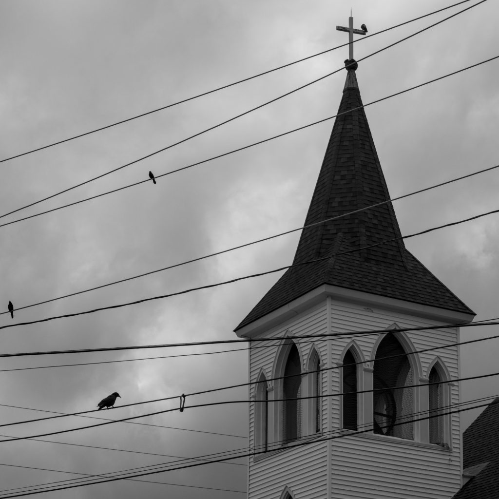 A crow faces down a gang of blackbirds near a church steeple.