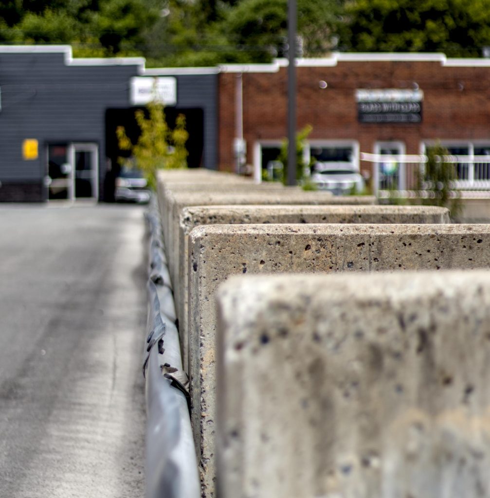 Concrete barriers between Grange Street and the post office.