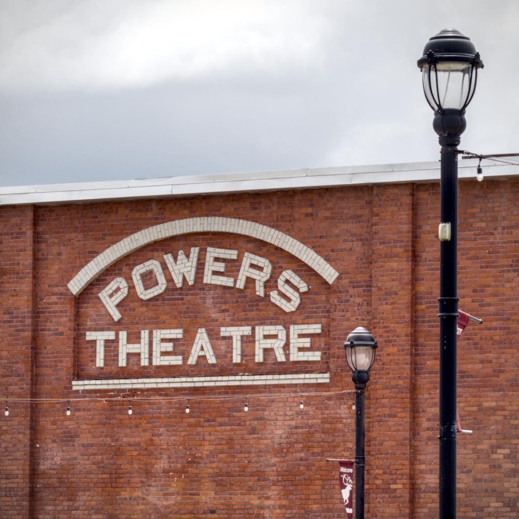 A closeup of the Powers Theater sign.