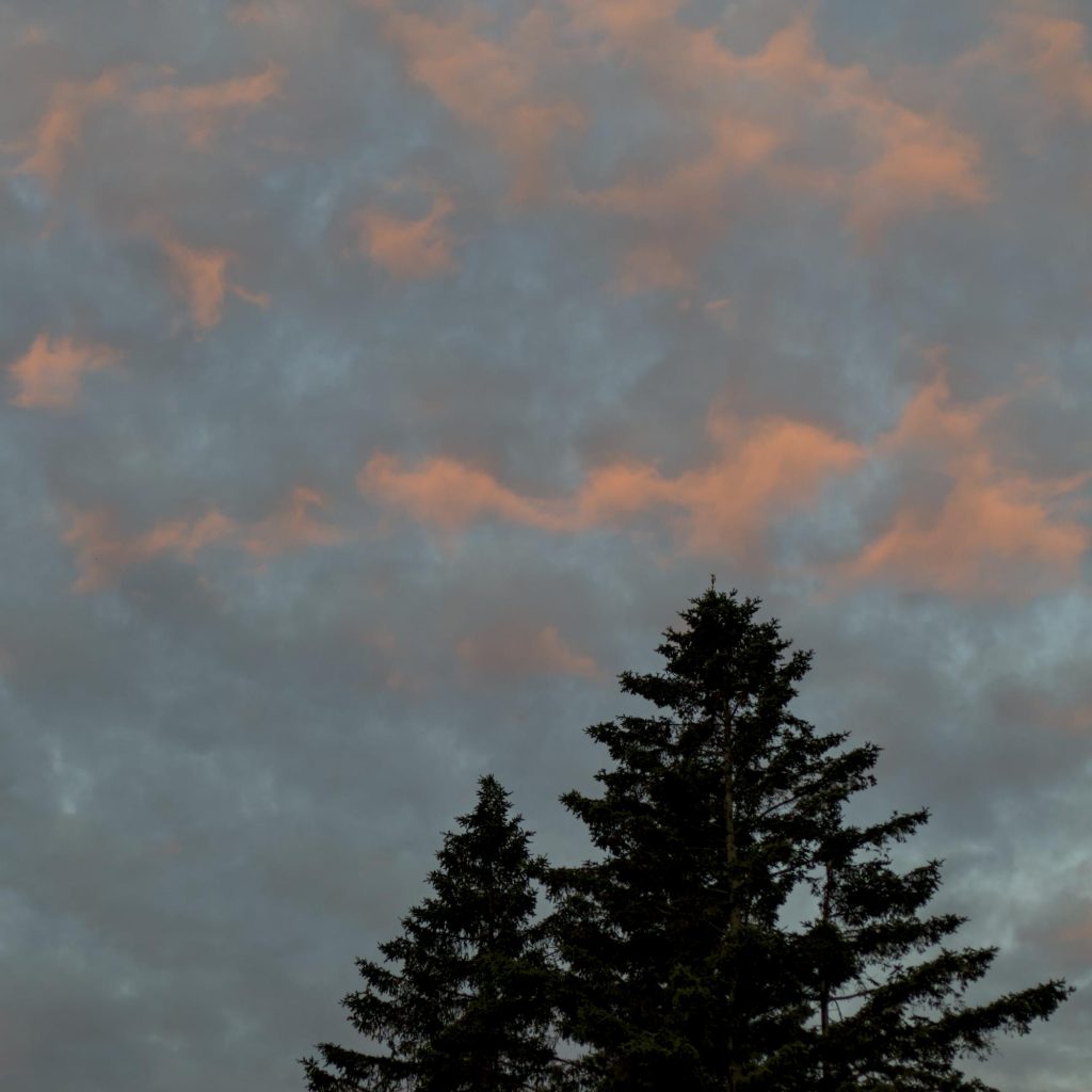 A photo of faded orange clouds in the early morning sky.